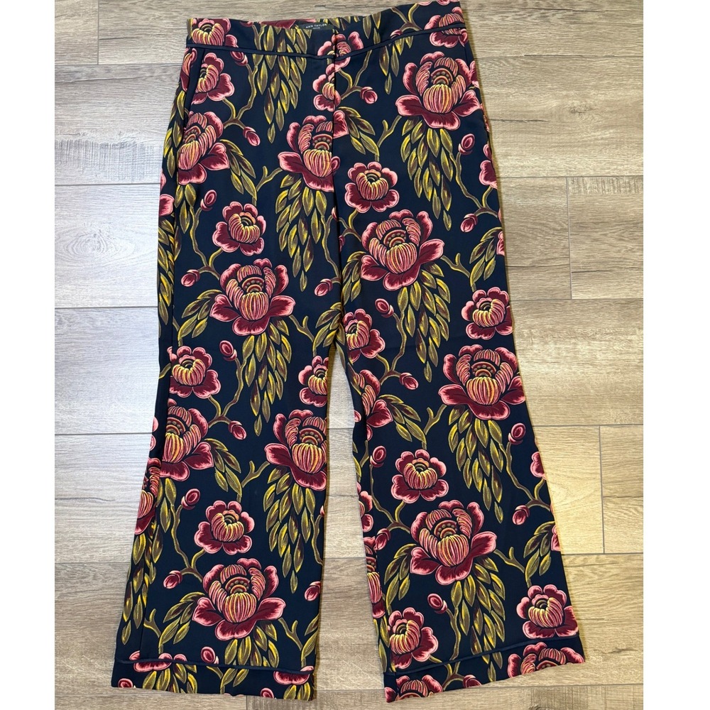 Ann Taylor Petite Wide Leg Floral Trousers Size 12P Navy Pink Gold 429714
